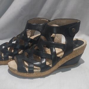 Dansko Cecily Black Leather‎ Cork Wedge Sandals Womens Size 41 (US 10.5-11)